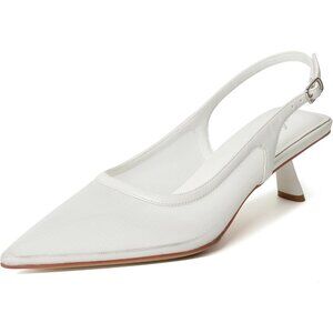Mostrin Kitten Heel  White Mesh Low Slingback Heels with Buckle Dress Shoes